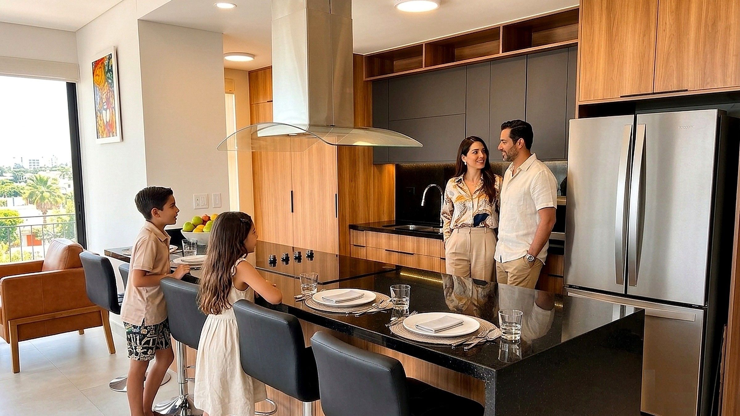 Family gathered around the kitchen island