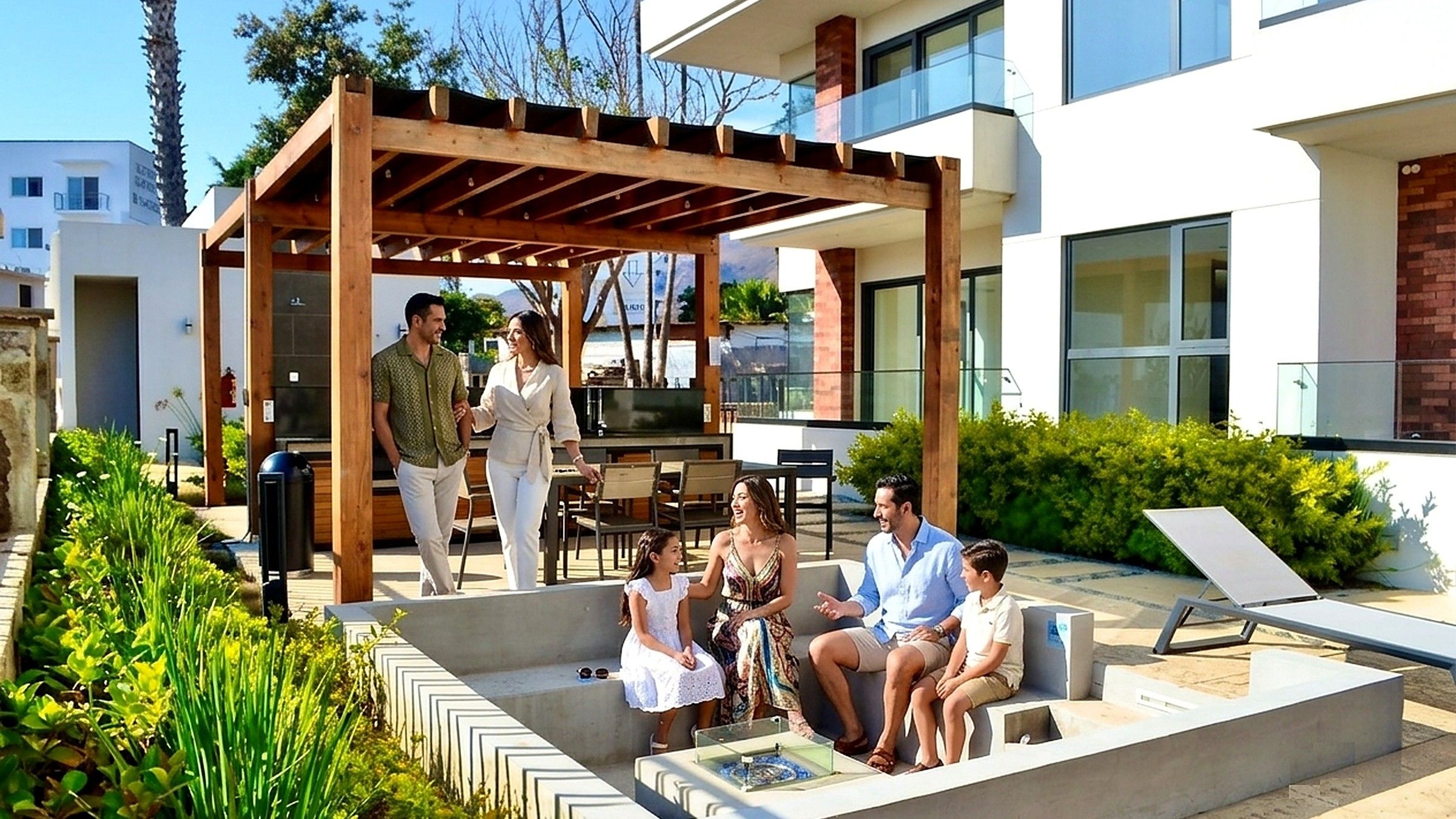 Family relaxing at the outdoor fire lounge and pergola